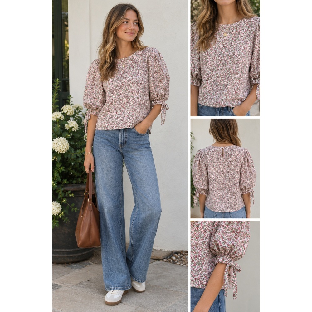 Hyacinth House Floral Puff Sleeve Blouse Women L Ditsy Tie Cuff Top